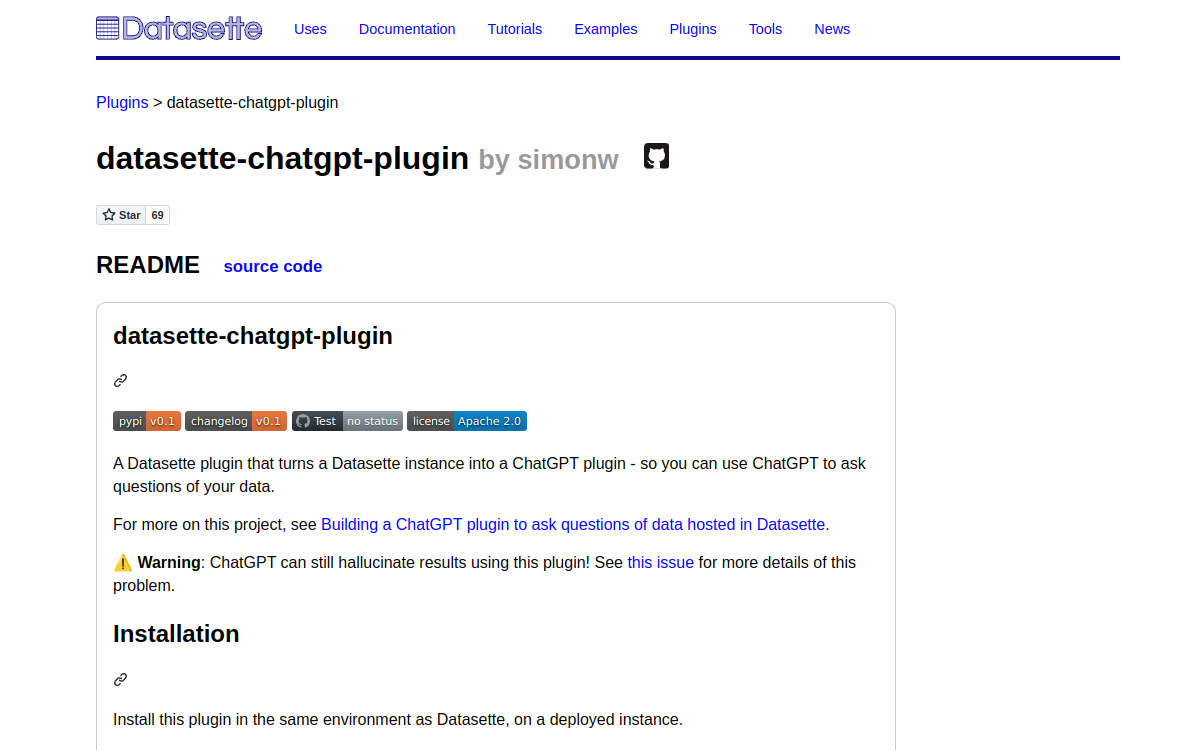 Captura de pantalla de Datasette ChatGPT Plugin