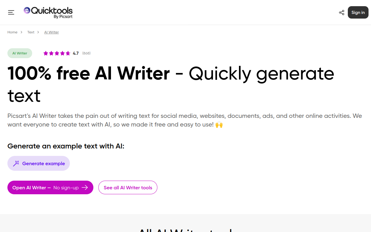Captura de pantalla de Picsart AI Writer