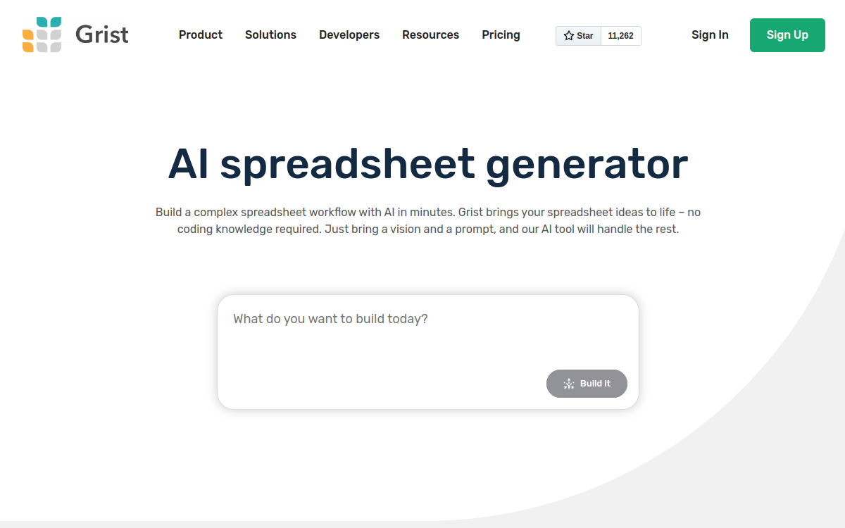 Captura de pantalla de Grist AI Spreadsheet Generator