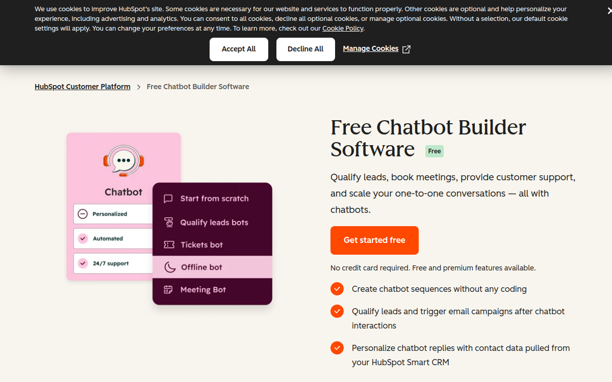 Captura de pantalla de HubSpot Chatbot Builder