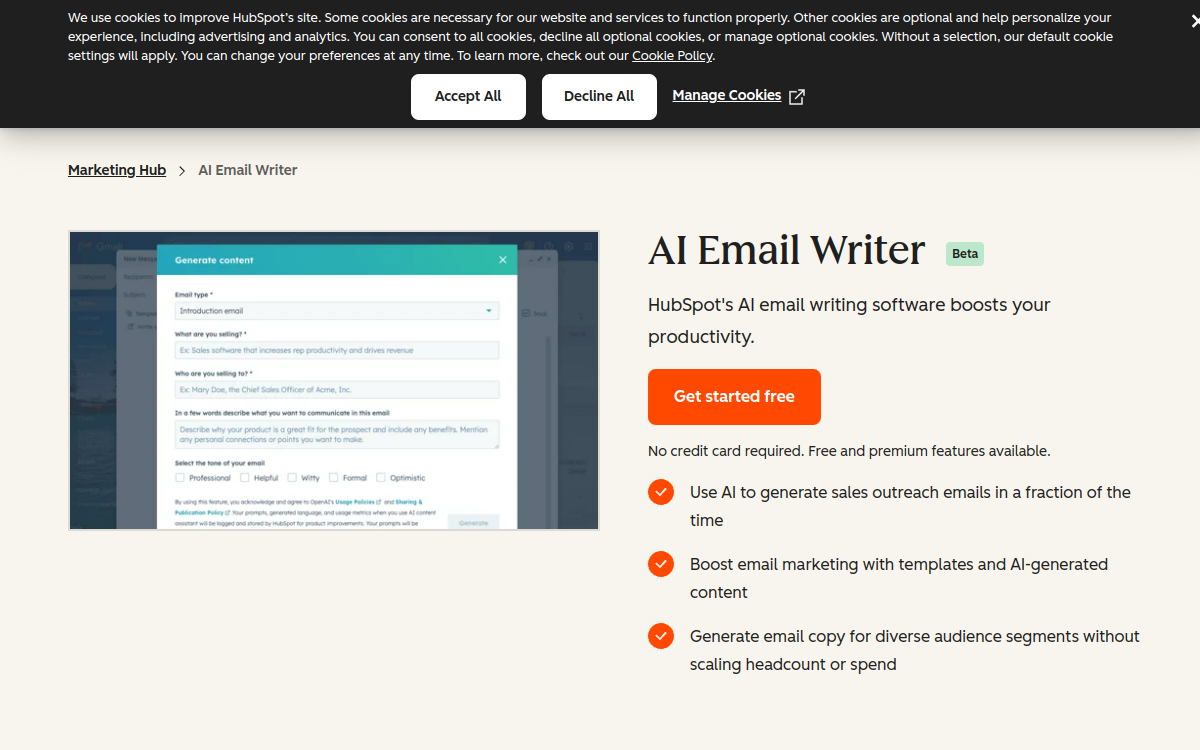 Captura de pantalla de HubSpot AI Email Writer