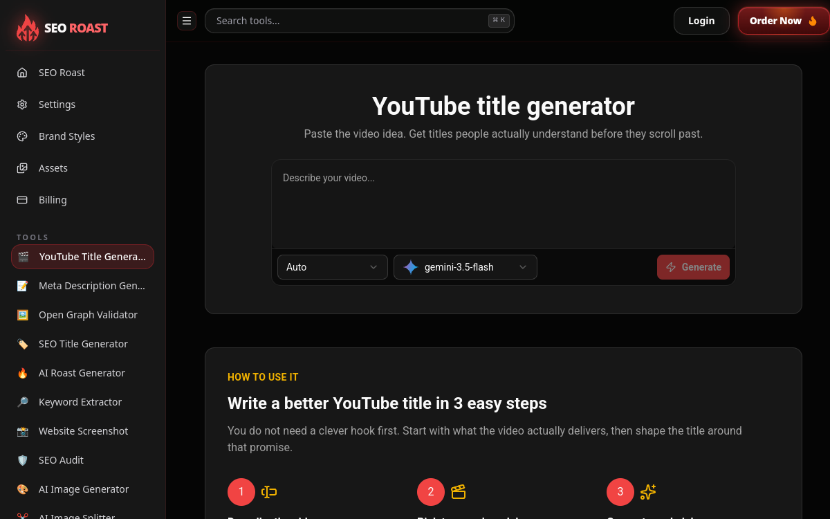 Captura de pantalla de YouTube Title Generator (SEORoast)