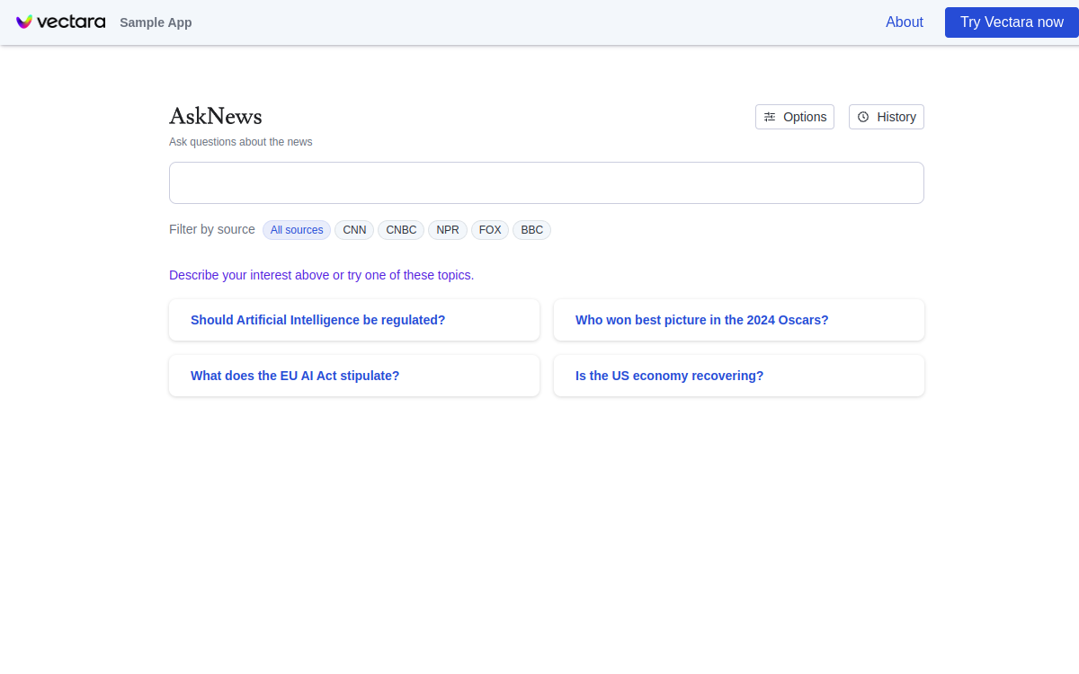 Captura de pantalla de Vectara AskNews